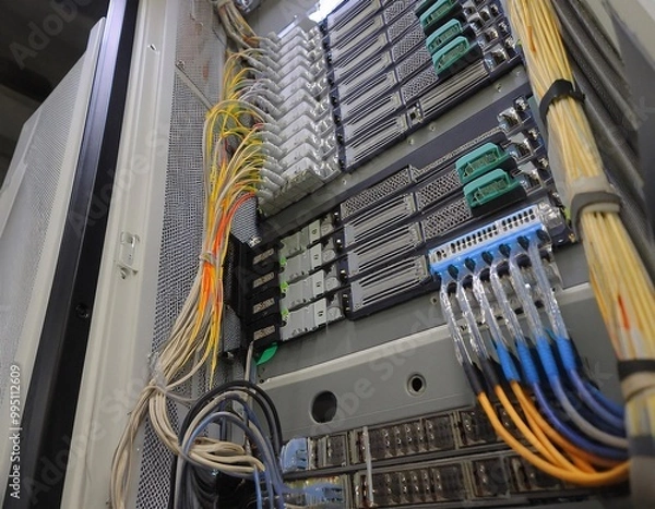 Fototapeta rack server with miniature technician repairing cables,