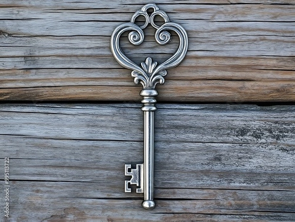 Fototapeta A silver key rests on vintage wood, radiating warmth and nostalgia, surrounded by green leaves.