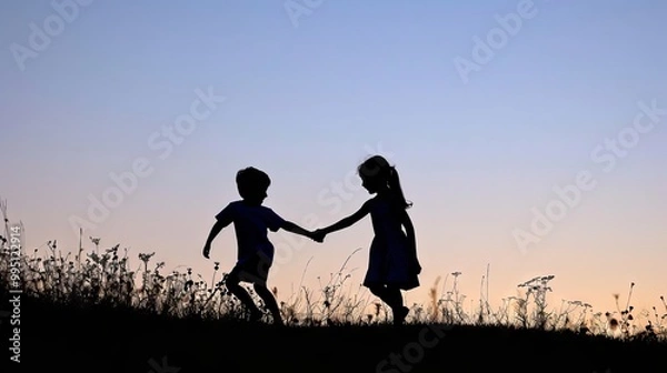 Fototapeta Two children are running in a field with the sun setting in the background