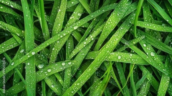 Fototapeta Close-up of fresh rain droplets delicately resting on vibrant green grass blades in early morning light the scene feels refreshing and alive with nature