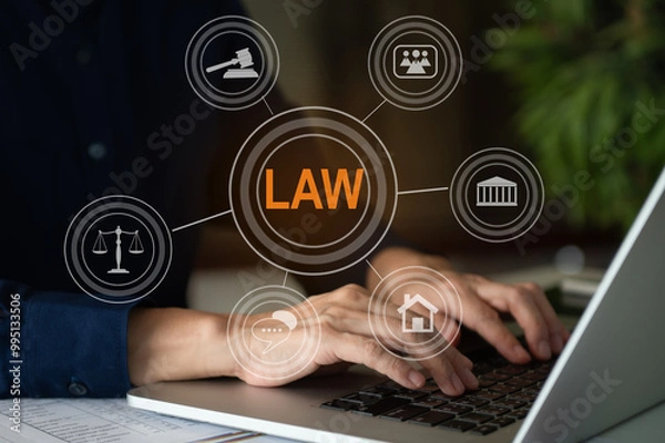 Fototapeta law legal technology concept. lawyer using computer with icon of law IT and legal technology.