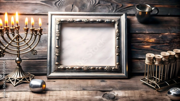 Fototapeta Border Frame Design with Dreidel and Menorah Symbols for Hanukkah Promotions - Modern White Copy Space Layout in Stock Photo Concept