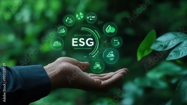 Fototapeta A hand holding a glowing ESG symbol surrounded by icons representing environmental responsibility and sustainability