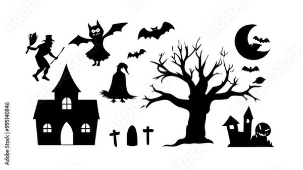 Fototapeta Collection of Halloween silhouettes. Haunted house, creepy tree, flying witch, pumpkins, halloween ghost, owl, coffin lid etc
