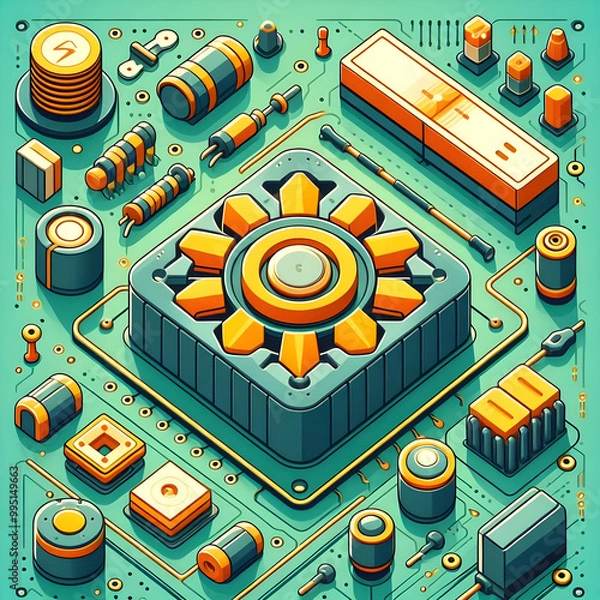Obraz Electronic circuit board with processor and electrical component. Electronics in Green PCB Board or Motherboard Vector Flat Design