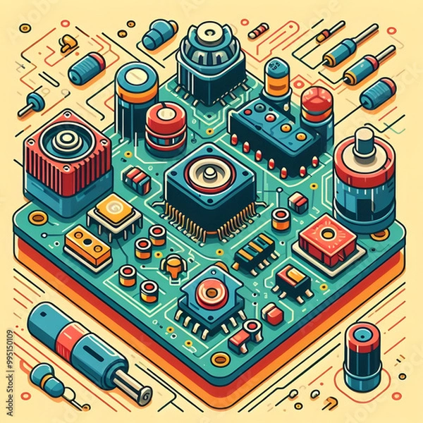Obraz Electronic circuit board with processor and electrical component. Electronics in Green PCB Board or Motherboard Vector Flat Design
