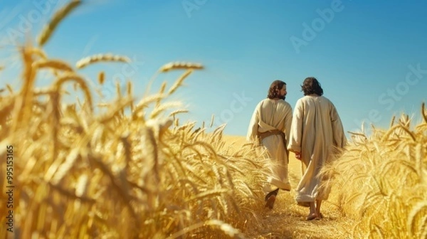 Fototapeta Jesus and Peter walking through a grain field touching the heads of wheat