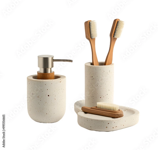 Fototapeta Toiletries, toothbrushes, dispensers isolated on a transparent PNG background, white background , cut out, clipping path, Generative Ai