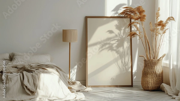 Obraz Wooden frame mockup in elegant bedroom. Bed, floor lamp. Sunlit. Serene atmosphere