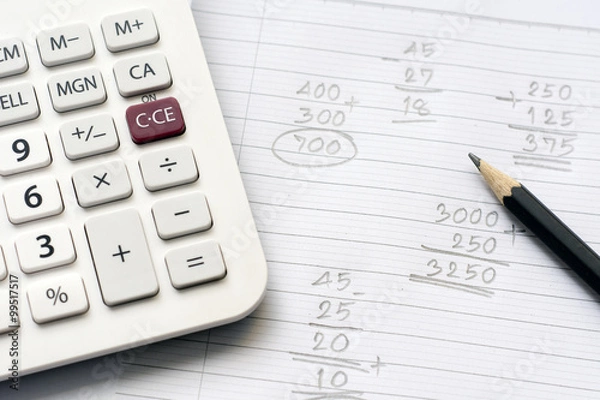 Obraz Calculator and pencil on note paper with calculation concept select focus
