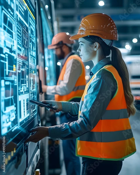 Obraz Engineers Monitoring Operations with Advanced Digital Displays in a Warehouse Environment