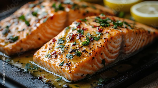 Fototapeta Juicy salmon fillet with a crispy skin, served with a lemon butter sauce, light and flavorful.