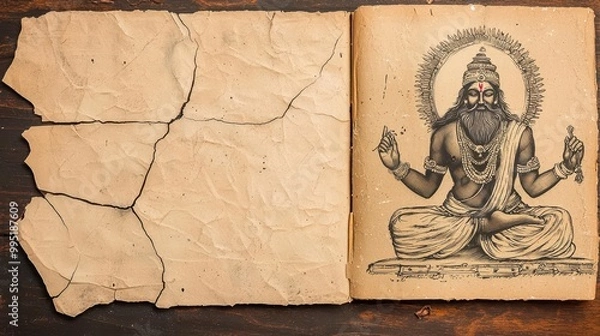 Fototapeta Ancient Indian manuscript showing Brahma, detailed ink and gold designs, illustrating Hindu cosmology and creation