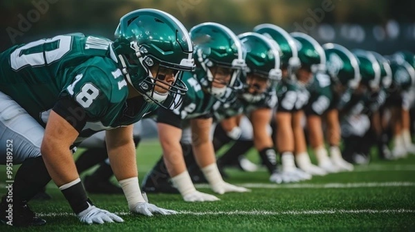 Fototapeta Unity spirit partnership and athletics concept. A team of football players in green uniforms assumes a competitive stance on the field, ready for action during a game.