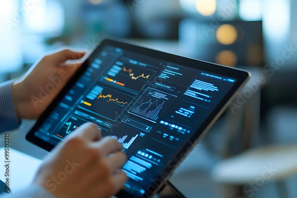 Fototapeta "Professional Analyzing Data on Tablet in Modern Workspace"