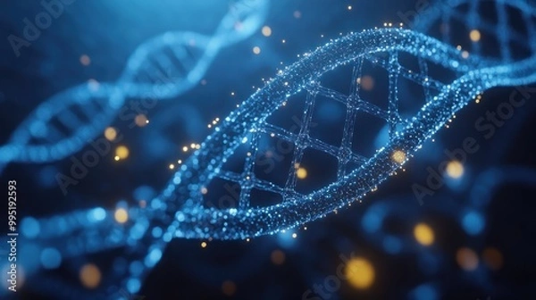 Obraz A 3D rendering of a DNA strand against a blue background, made up of glowing points connected by lines.