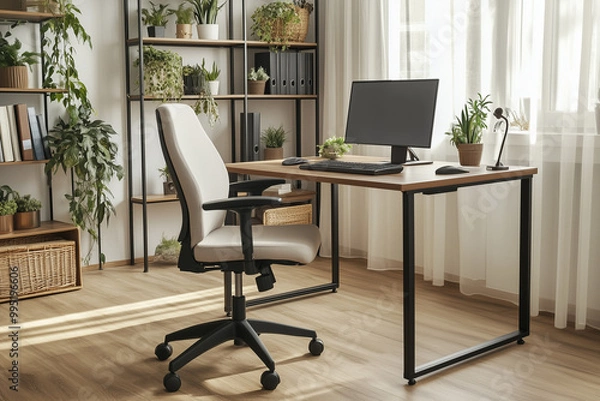Fototapeta A stylish home office setup with a minimalist desk