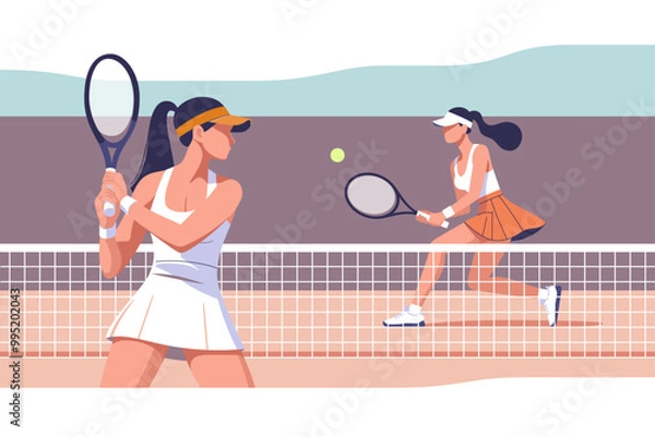 Obraz Tennis match. Popular sport. Female tennis player runs to hit the ball with a racket. Vector illustration.