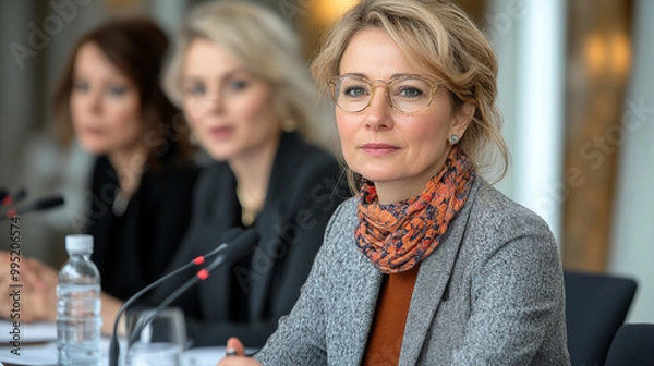 Fototapeta Female leader at a conference table, engaged in discussion with colleagues, showcasing professionalism and collaboration.