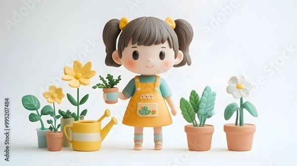 Fototapeta Adorable cartoon girl figurine in a yellow apron, surrounded by potted plants and a watering can, perfect for gardening and nature-themed designs.
