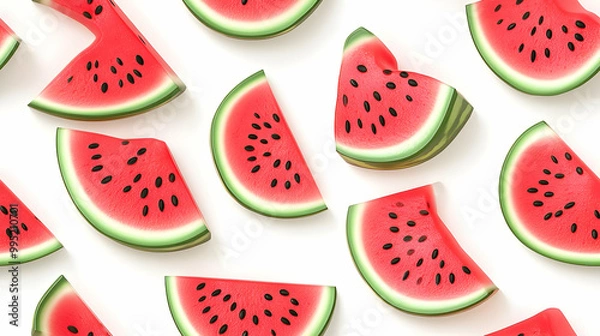 Fototapeta 3D Cartoon Style Watermelon Slice Tiles - Vibrant Pink & Green Seamless Pattern for Playful Yalda Night Background, Isolated Icon on White