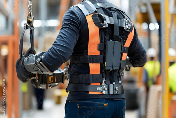 Obraz "Worker Wearing Powered Exoskeleton Suit for Heavy Lifting in Warehouse"