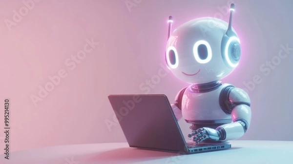 Fototapeta Cute friendly artificial intelligence robot using laptop computer with blue neon glow light, chatbot and AI assistant concept futuristic technology 3d illustration, banner