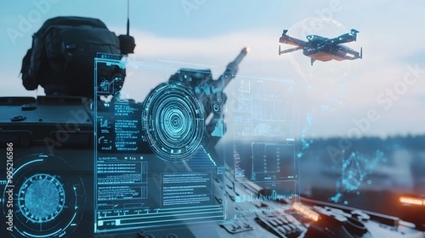 Obraz Conceptual image showcasing an AI driven anti drone system integrated onto a tank featuring digital displays control interfaces