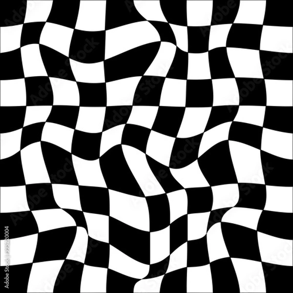 Fototapeta Psychedelic checkerboard seamless pattern. Retro background with black and white chessboard texture. Trendy 60s 70s aesthetic. Vector illustration.
