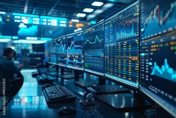 Fototapeta High-tech trading room with multiple screens displaying financial data.