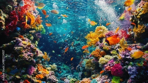Fototapeta A close-up of a colorful coral reef, teeming with small fish and marine life in clear ocean water.