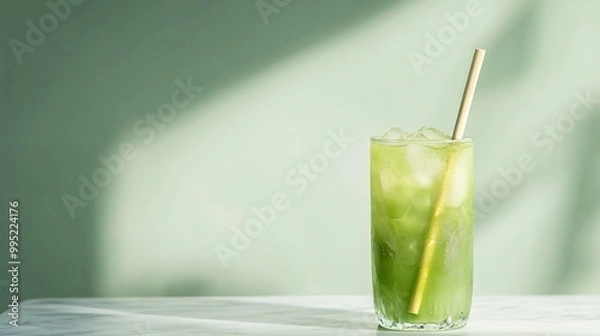 Fototapeta A refreshing green drink with ice and a straw in a tall glass on a white marble surface against a green background.