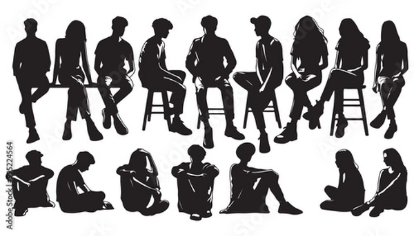 Obraz People sitting pose while sit down silhouette Set vector illustration design black and white