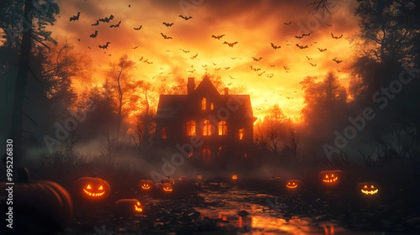Fototapeta Haunted House Surrounded by Glowing Jack-o'-Lanterns Under Moonlit Sky – Perfect Halloween Party Design