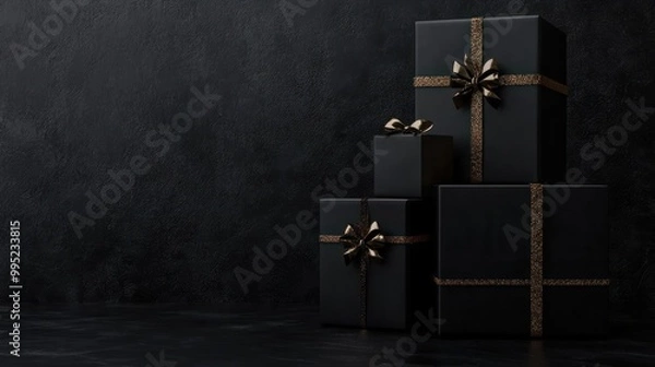 Fototapeta Black stylish gift boxes on the black wall background with copy space for text. Black Friday banner