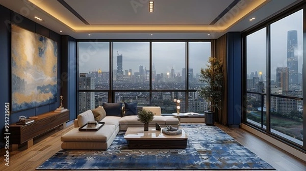 Obraz A living room with a large window overlooking the city. AI.