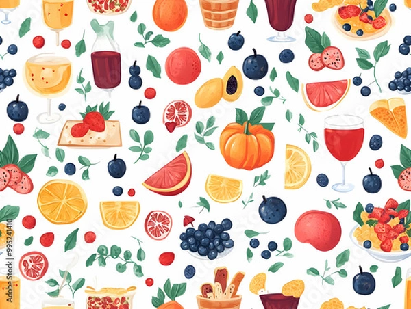Fototapeta Seamless Cartoon Table Settings Background with Traditional Yalda Foods: Festive Flat Vector Illustration for Inviting Atmosphere