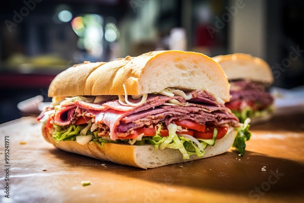 Fototapeta A sub sandwich with salami, cheese, lettuce, and tomatoes, cucumbers on a wooden cutting board.