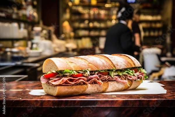 Fototapeta A sub sandwich with salami, cheese, lettuce, and tomatoes, cucumbers on a wooden cutting board.