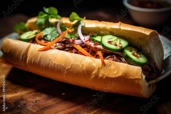 Fototapeta A sub sandwich with salami, cheese, lettuce, and tomatoes, cucumbers on a wooden cutting board.