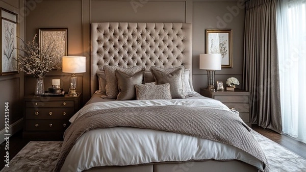 Fototapeta Elegant bedroom with plush decor and soft lighting.