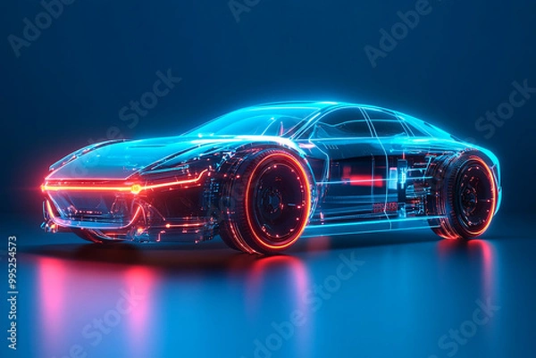 Obraz hyper realistic Futuristic AR conceptual car digital wireframe car concept with blue background generated by AI