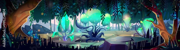 Fototapeta Magic forest with fantasy glowing flowers and plants. Cartoon vector illustration of alien dreamland scenery with mystic spooky creatures. Game ui level design with mysterious garden for adventure.