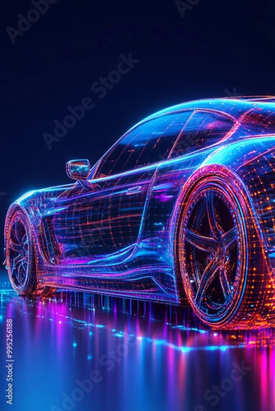 Obraz hyper realistic Futuristic AR conceptual car digital wireframe car concept with blue background generated by AI