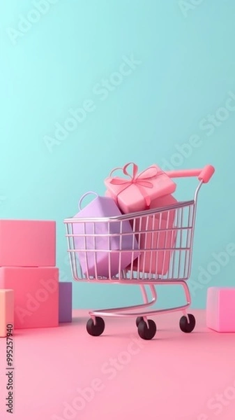 Fototapeta A colorful shopping cart filled with gifts stands against a vibrant background, showcasing a playful shopping experience.