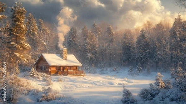 Fototapeta Cozy Cabin in a Snowy Forest at Sunset
