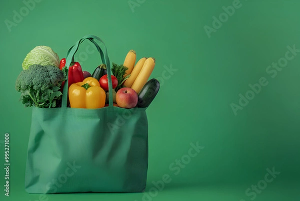 Fototapeta Fresh fruits and vegetables grocery product in green reusable shopping bag isolated on green background