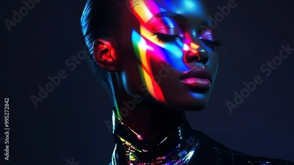 Fototapeta A fashion-forward woman in a sleek outfit, her face illuminated by bright, multicolor reflections, blending elegance and vibrancy