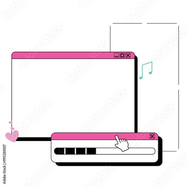 Fototapeta Retro browser computer window in 90s vaporwave style with smile face hipster stickers. Retrowave pc desktop with message boxes and popup user interface elements, Vector illustration of UI and UX
