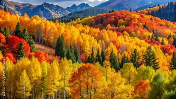 Fototapeta Majestic Aspen Trees in Colorado's Scenic Landscape Surrounded by Vibrant Autumn Foliage